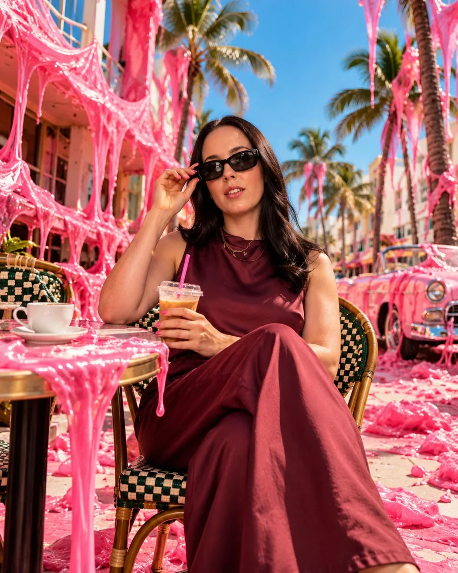 A woman in sunglasses at a cafe table while bright pink drips melt off the buildings around her