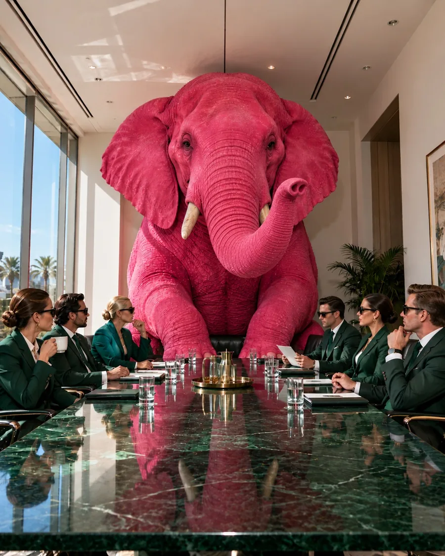 A giant pink elephant at a boardroom table surrounded by executives in green suits