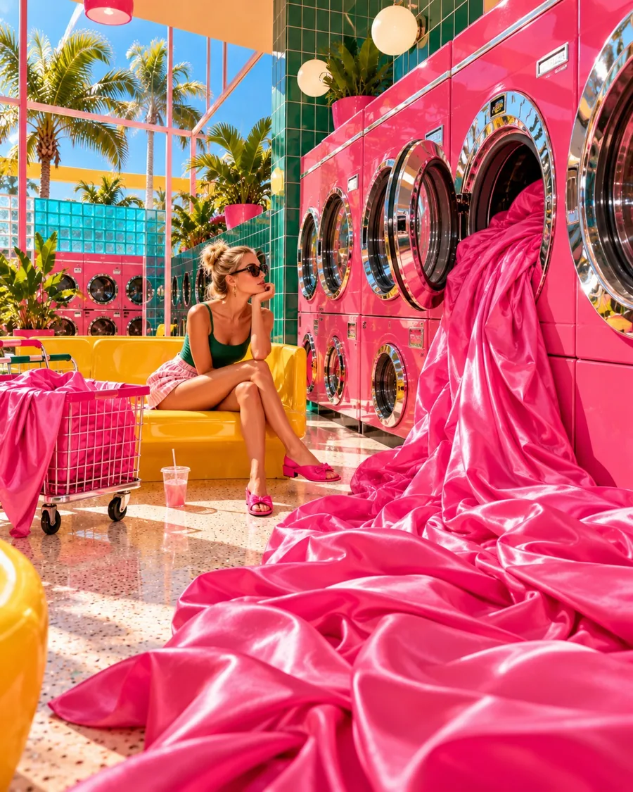 A woman waiting in a pink laundromat as yards of pink satin spill from a washing machine