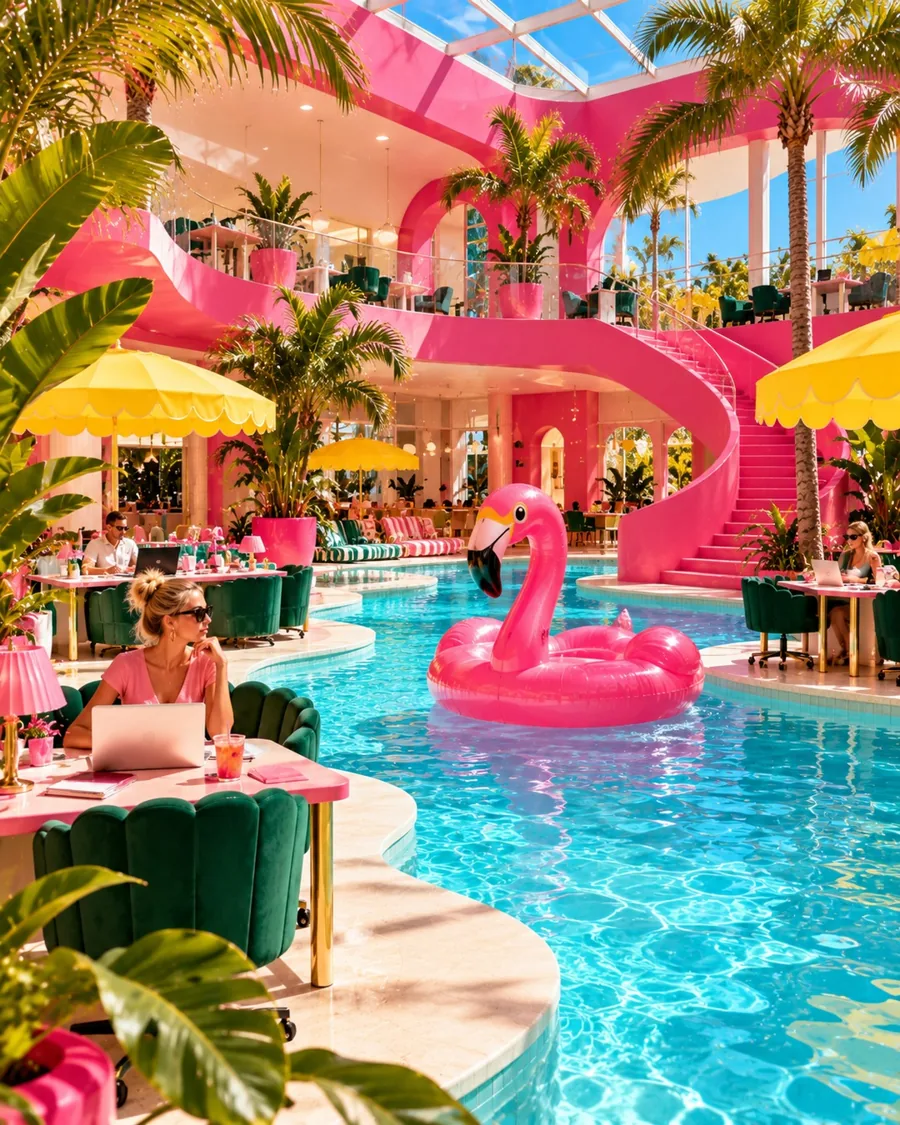 A pink office built around an indoor pool with a giant inflatable flamingo