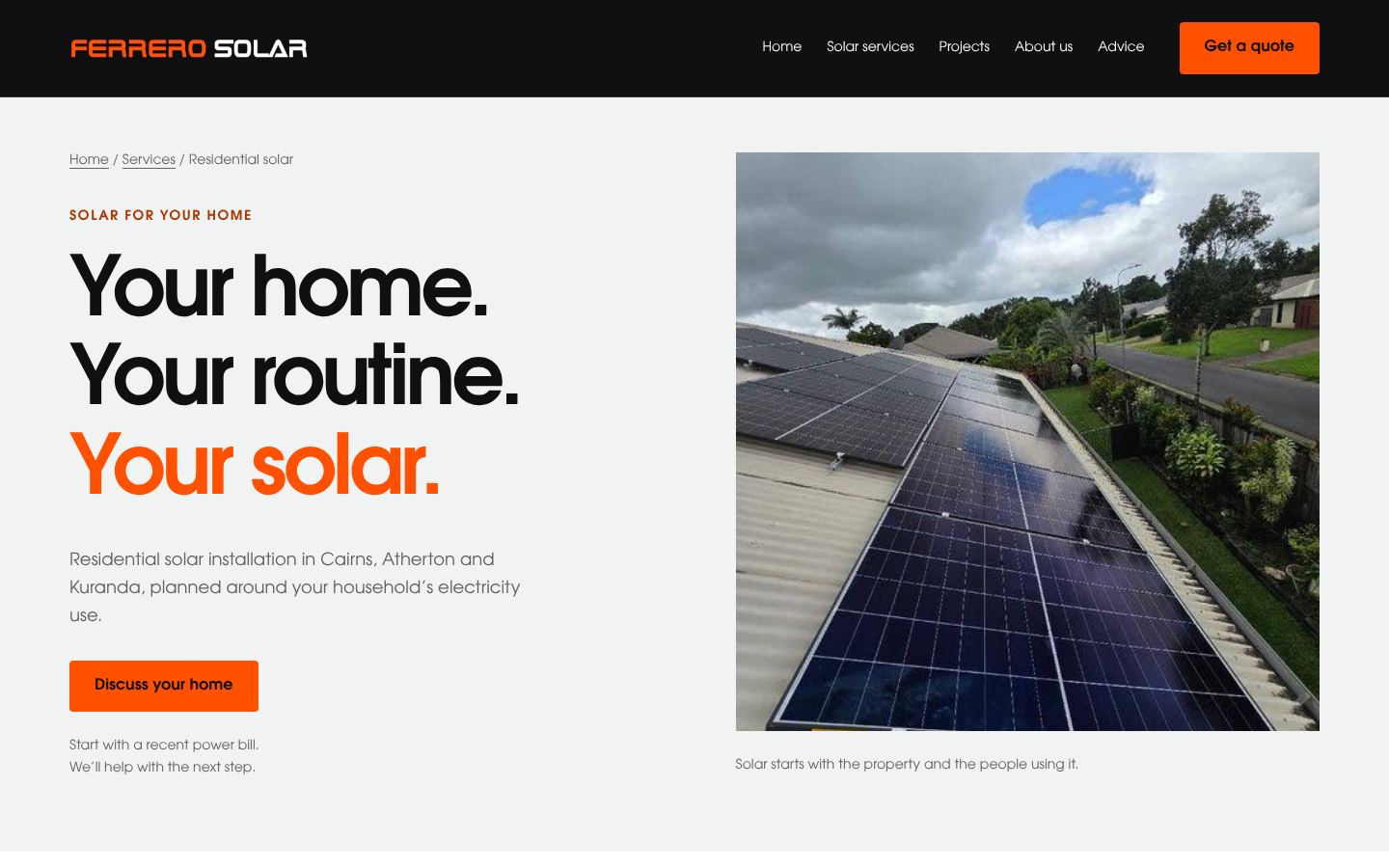 Ferrero Solar website: A service page: residential solar in Cairns