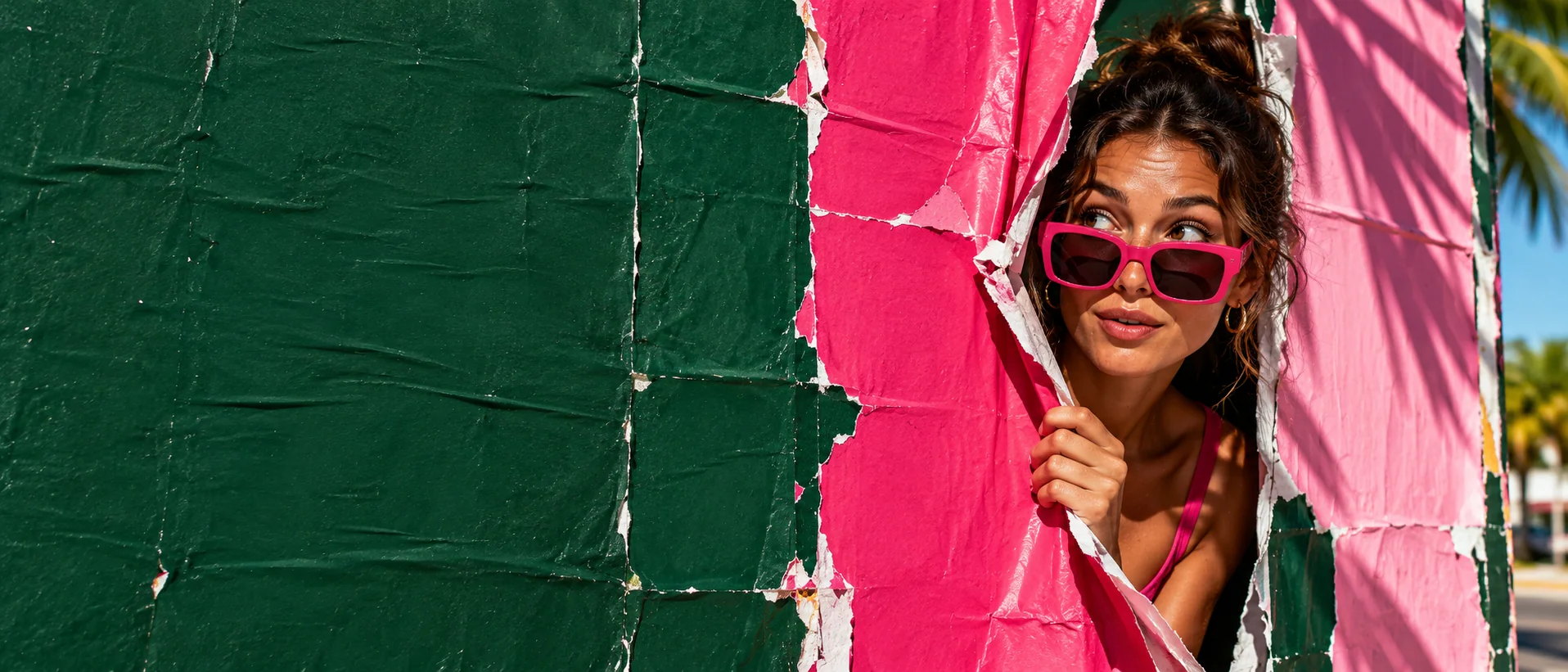 A woman in pink sunglasses peeking through a torn pink poster