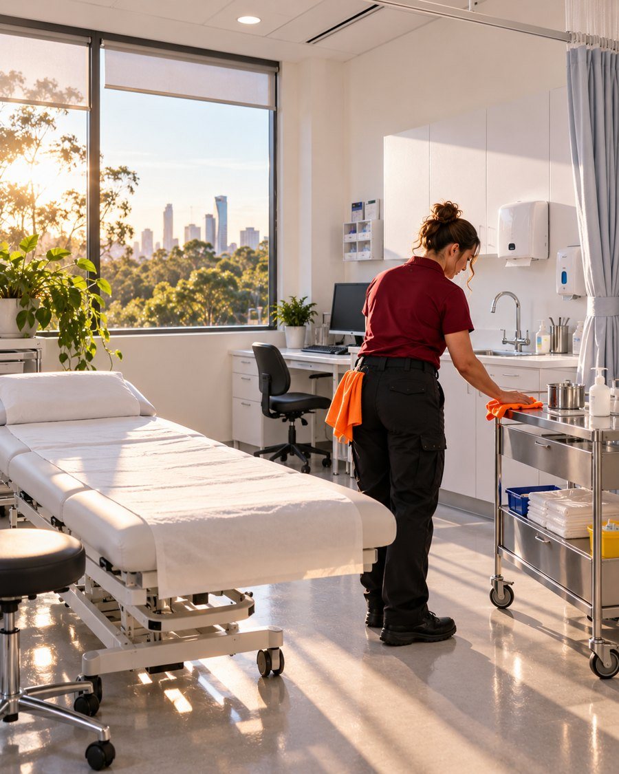Keystone crew member cleaning a clinic consult room