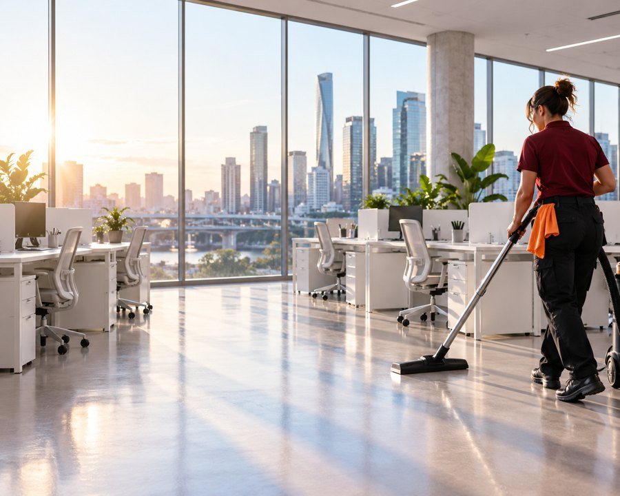 Keystone crew member vacuuming a Brisbane office at sunrise