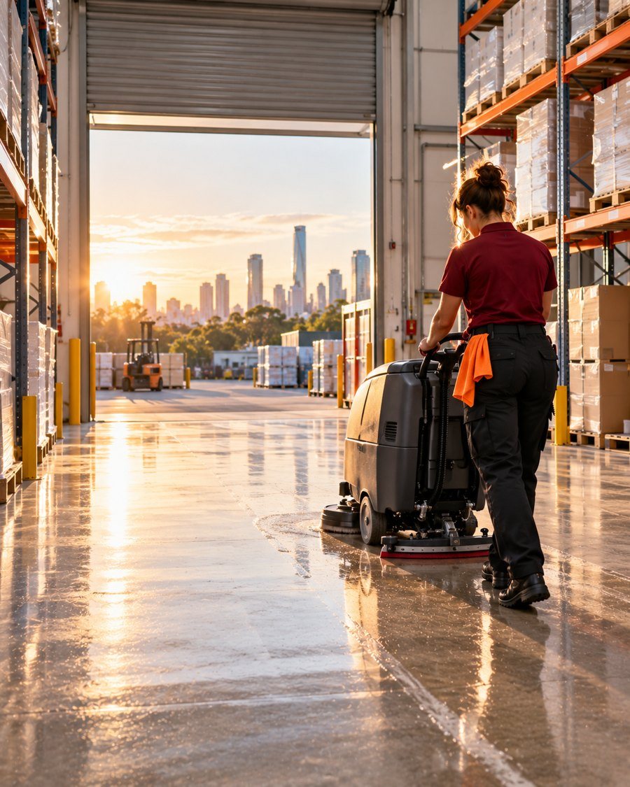 Keystone crew member running a floor scrubber in a warehouse at sunrise