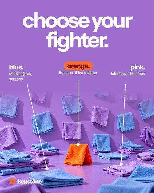 Keystone social post: choose your fighter, blue, orange and pink cleaning cloths