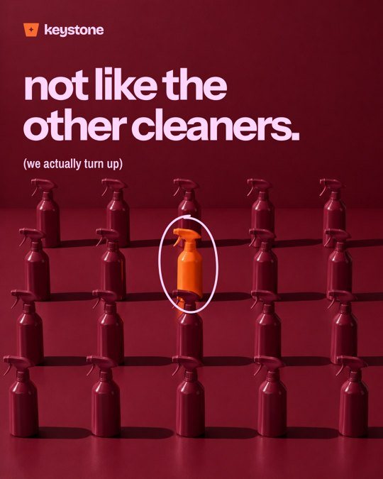 Keystone social post: rows of oxblood spray bottles with one orange bottle circled, not like the other cleaners