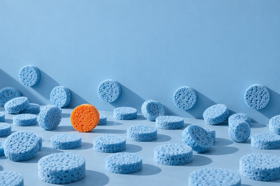 Keystone studio set: blue sponges on powder blue with one orange sponge