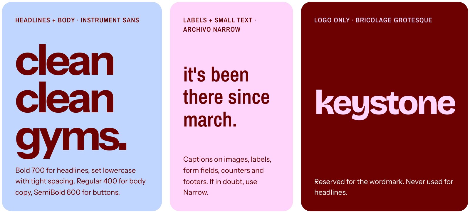 Keystone typography: Instrument Sans for headlines and body, Archivo Narrow for labels and Bricolage Grotesque for the wordmark