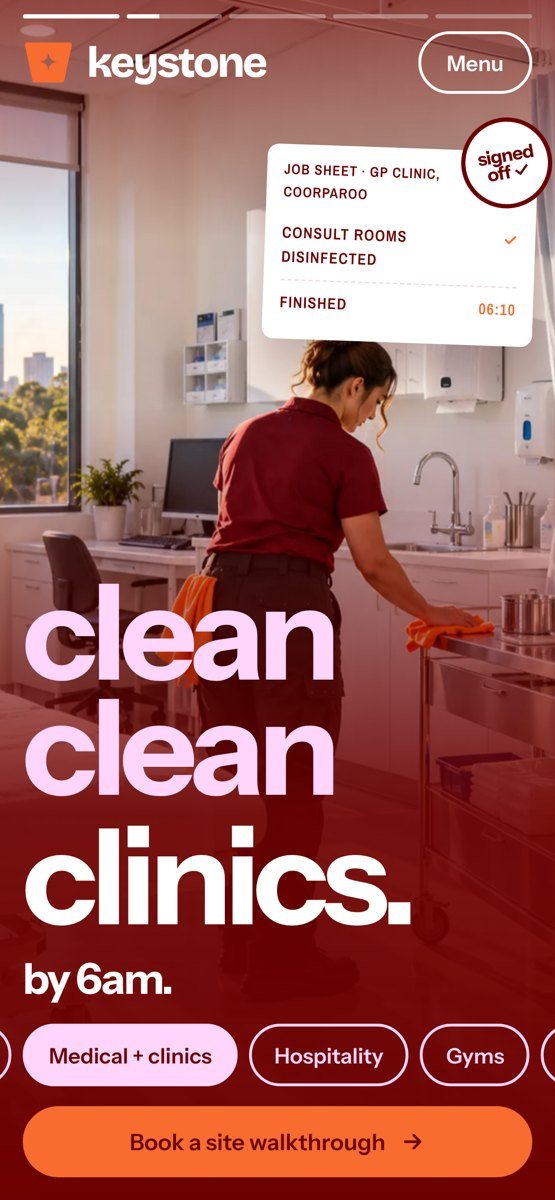 Keystone website on a phone: clean clean clinics by 6am