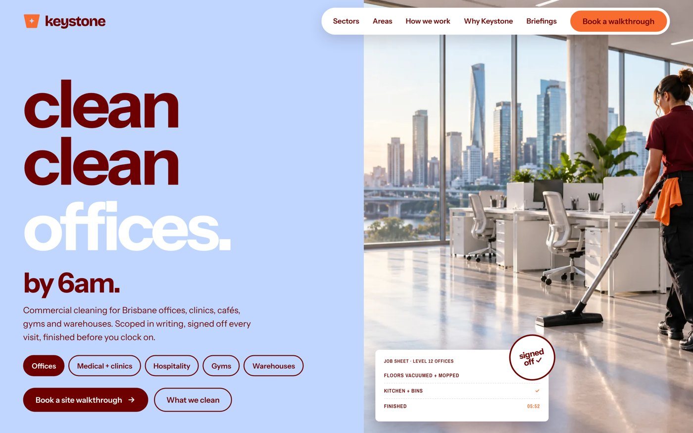 Keystone Facility Services website homepage: clean clean offices by 6am, designed by Fine Mess