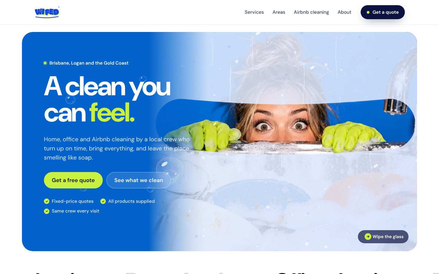 Wiped website homepage with the wipe-the-glass header, designed by Fine Mess
