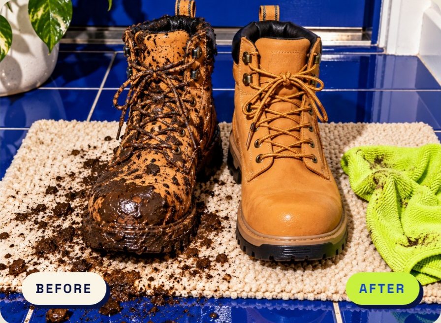 Wiped before and after image of a muddy work boot next to a clean boot