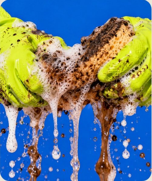 Wiped brand photography: lime rubber gloves squeezing a muddy, soapy sponge