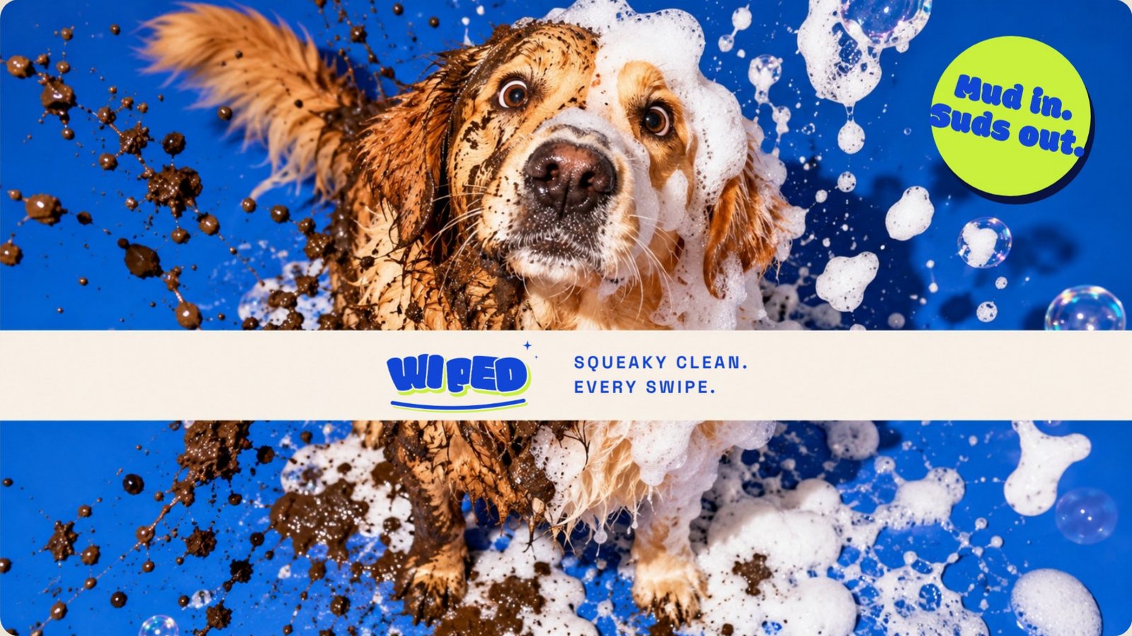 Wiped brand campaign image: a muddy dog covered in soap suds with the Mud in, Suds out tagline