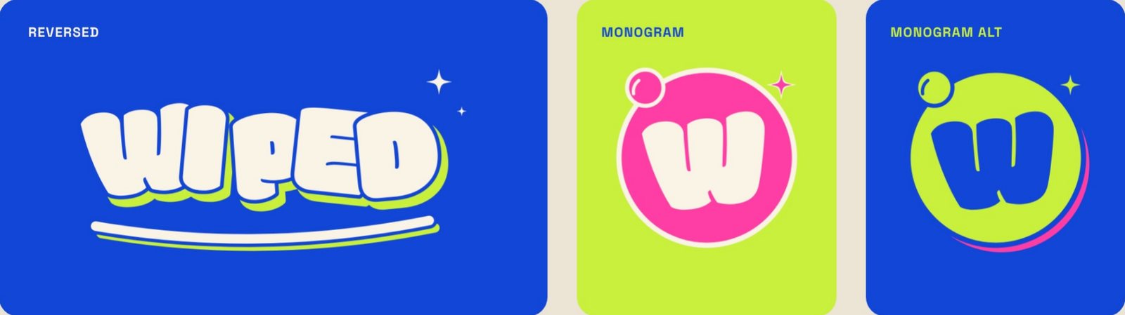 Wiped logo variations: reversed wordmark on cobalt, pink monogram on lime and lime monogram on cobalt