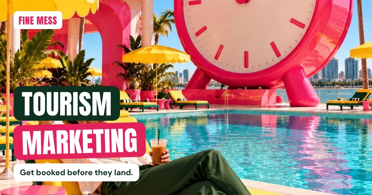 Woman relaxing on a sun lounger beside a giant pink alarm clock at a tropical resort pool – Fine Mess tourism marketing Cairns