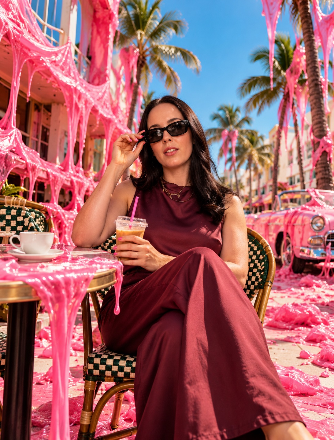 woman drinking iced coffee wearing sunglasses in fine mess universe covered in bright pink slime everywhere