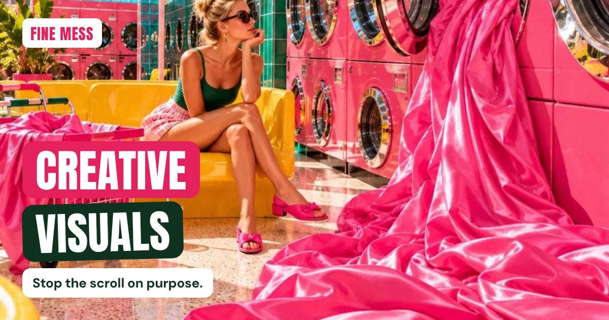 Pink satin pouring out of giant washing machines in a tropical laundromat – Fine Mess creative visuals Cairns