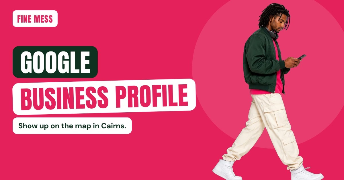 Man in a green jacket checking his phone while walking on a pink background – Fine Mess Google Business Profile Cairns
